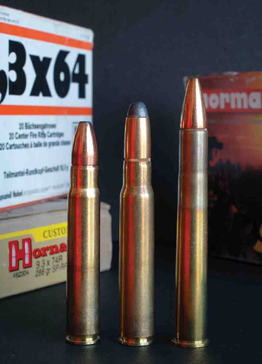 The 9.3x62mm (left) and 9.3x74R (right) have a similar punch. The 9.3x64mm (center) is more potent, less popular.